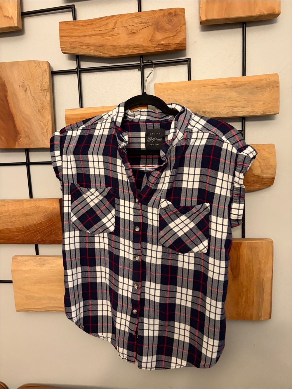 JACHS Girlfriend Navy, White & Red Plaid Sleeveless Button-Up